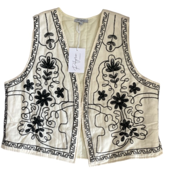 Polagram Cream with Black Floral Embroidered Vest.  - Picture 3 of 6